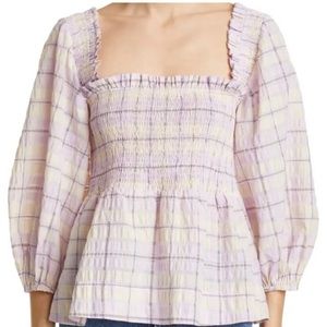 Ganni Checked Seersucker Smocked Top, Size 38